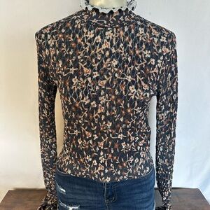 Zara Navy blue  and Cream Floral Blouse long sleeve